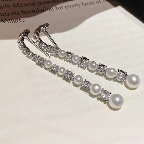 Line Zirconia Pearl Long Earrings - Sterling Silver